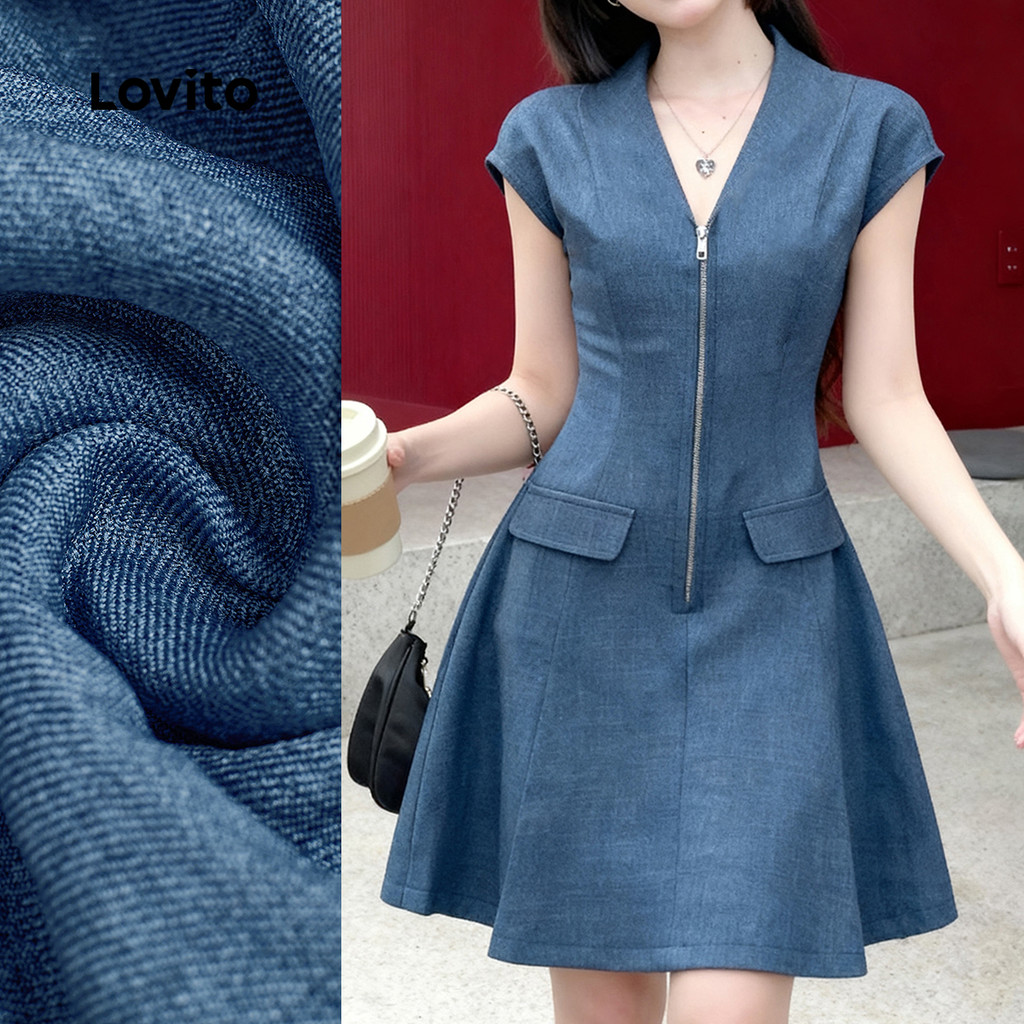 Lovito Vestido Elegante Clássico E Versátil Com Zíper Azul Para Férias Primavera/verão Para Mulheres L154LD1999