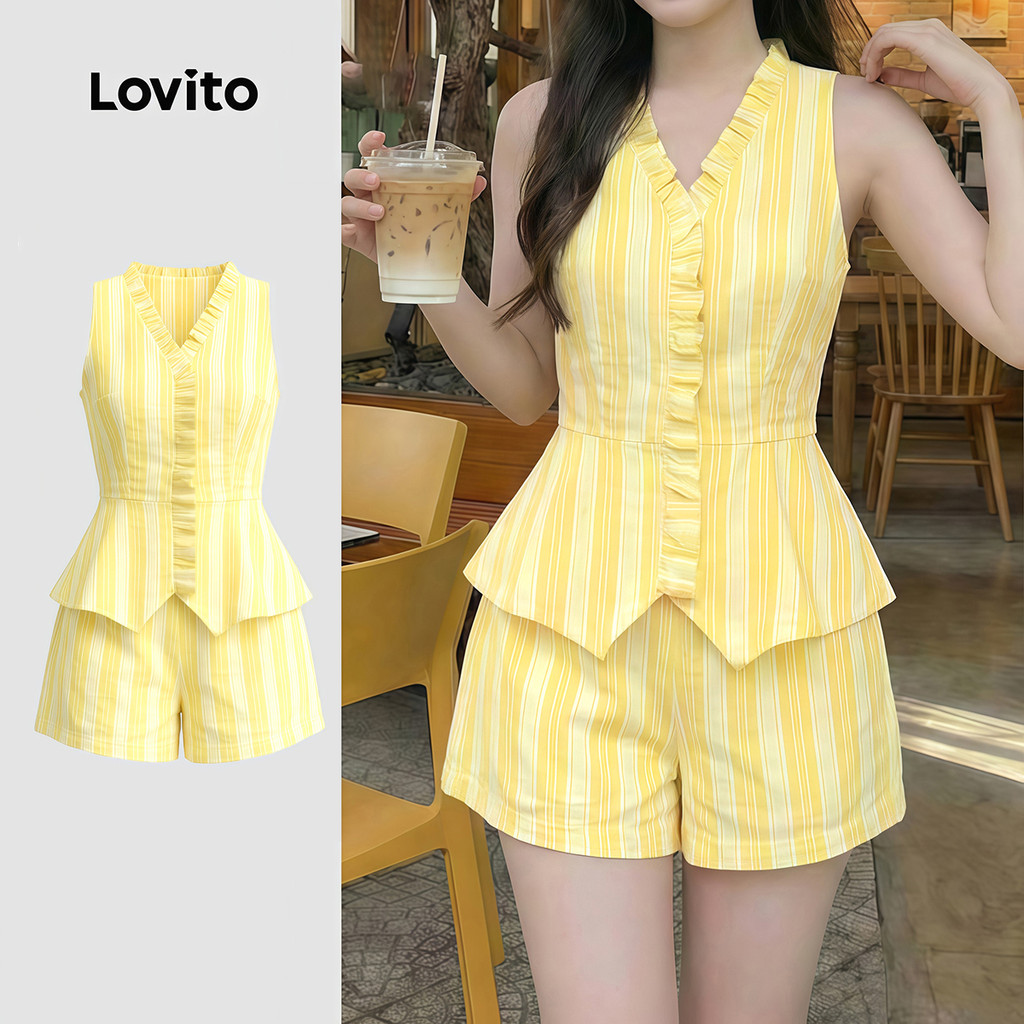 Lovito Lado Listra Lazer Primavera/verão Top Amarelo Tops ou Bottoms para Mulheres LK4ED1035