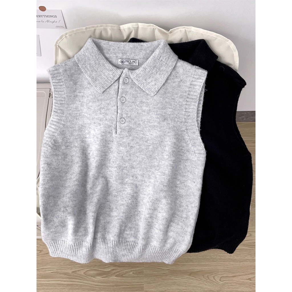 Sem mangas gola Polo malhas masculino outono inverno rua Wear camisola colete japonês Retro Casual colete camisola