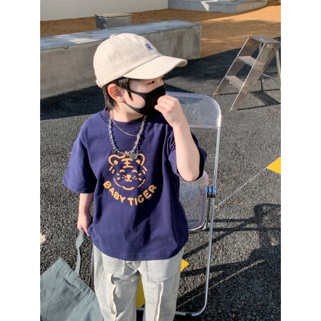Algodão puro meninos de manga curta 2026 primavera verão novo estilo roupas infantis crianças tigre camiseta bebê solto 