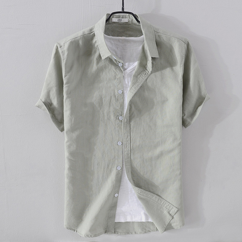 Renben camisa de linho de algodão masculina de manga curta linho solto verão linho cor sólida estilo fino gola alta cami