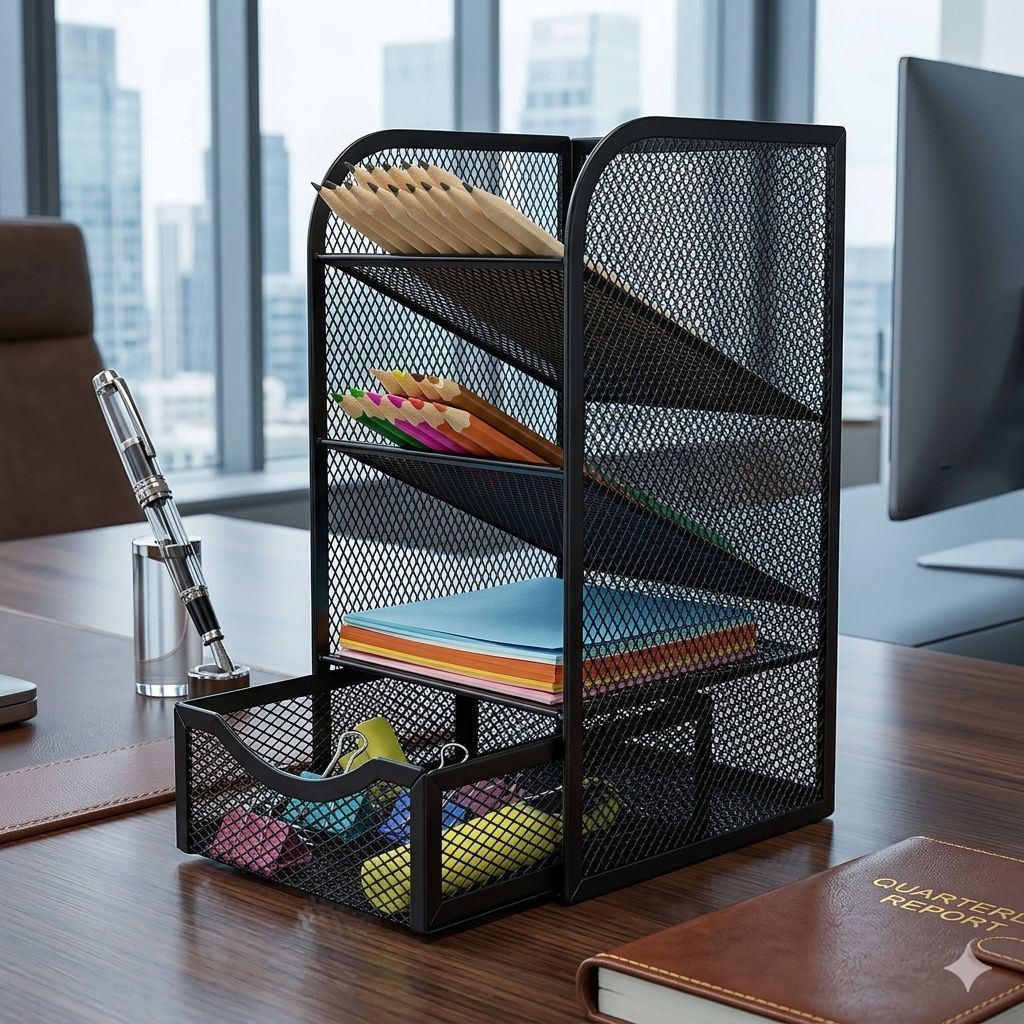 Organizador de Mesa Aramado Preto com Gaveta 3 Divisórias Porta Arquivos Escritório Completo