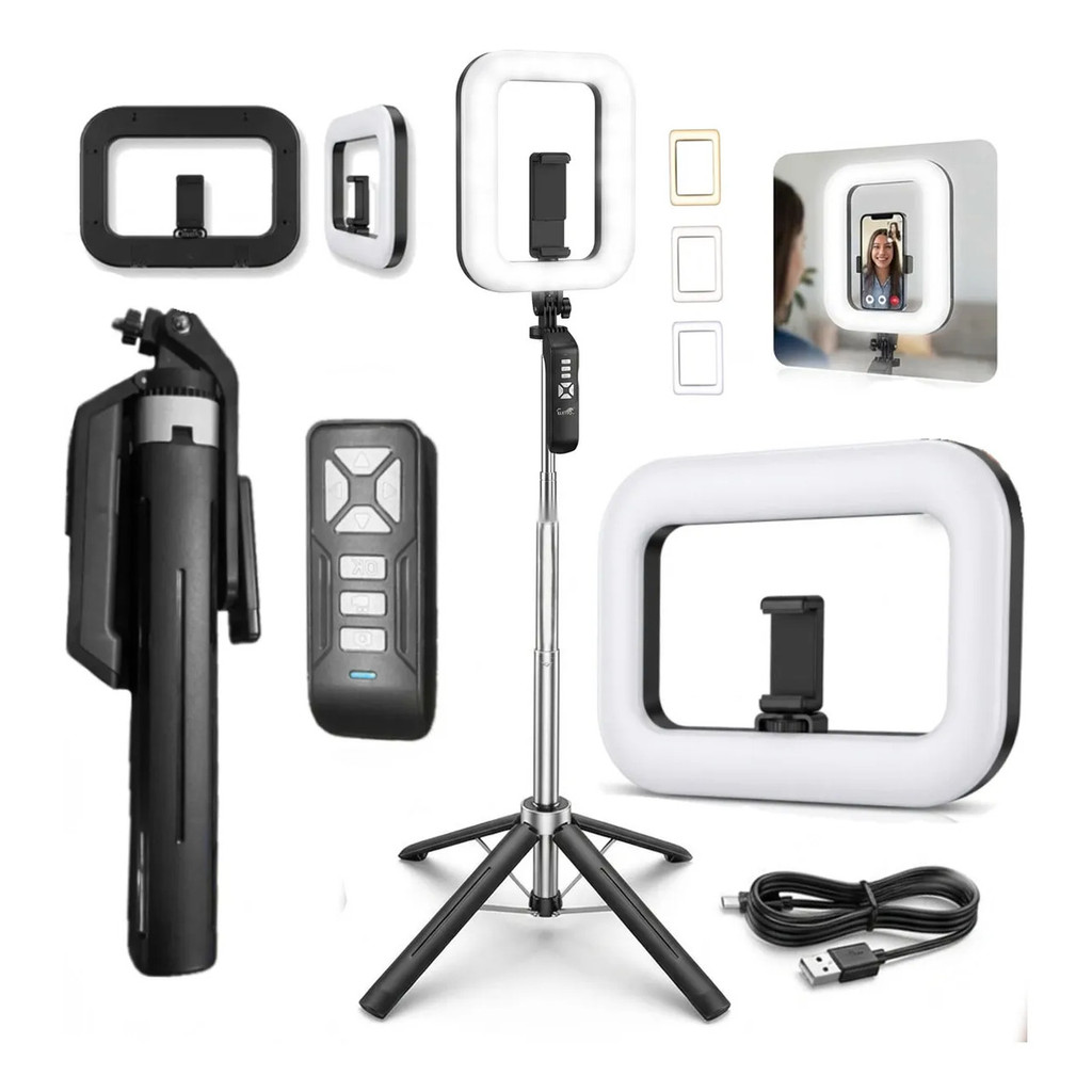 Ring Light Quadrada Com Tripé Selfie E Controle Bluetooth