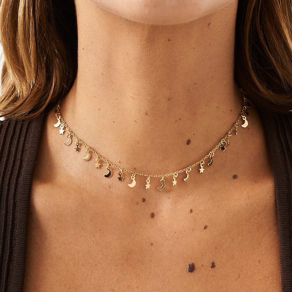 Colar Lua e Estrelas com Banho em Ouro 18k em Oferta na Shopee