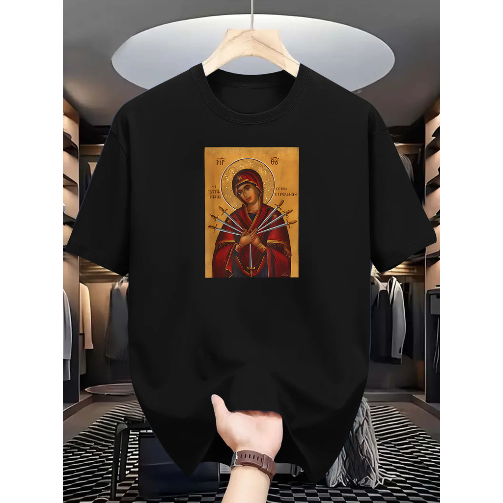 Camiseta Religiosa Masculina De Algodão Puro, Modelagem Folgada, Com Estampa Do Ícone Ortodoxo Da Mãe Das Sete Espadas