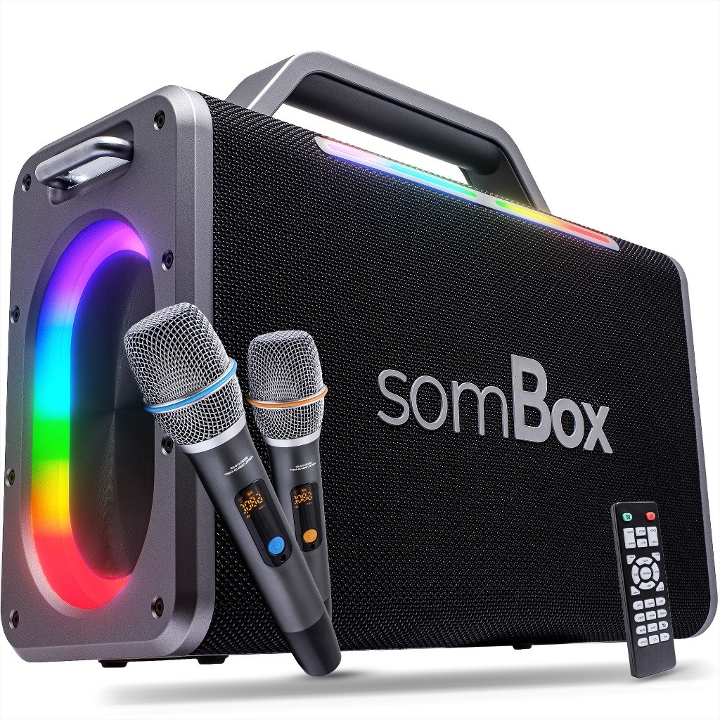 Caixa De Som Karaokê Mic Bluetooth 24.000W RMS RGB Som 360° TWS Controle Aprova D'Agua Aux P2 P10 Tipo-C Usb Com Alça