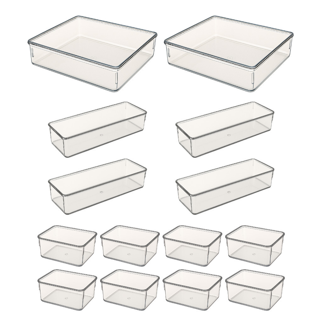 Kit 14 Organizador Multiuso Modular Acrílico Cesto Cristal Maquiagem Gaveta Geladeira