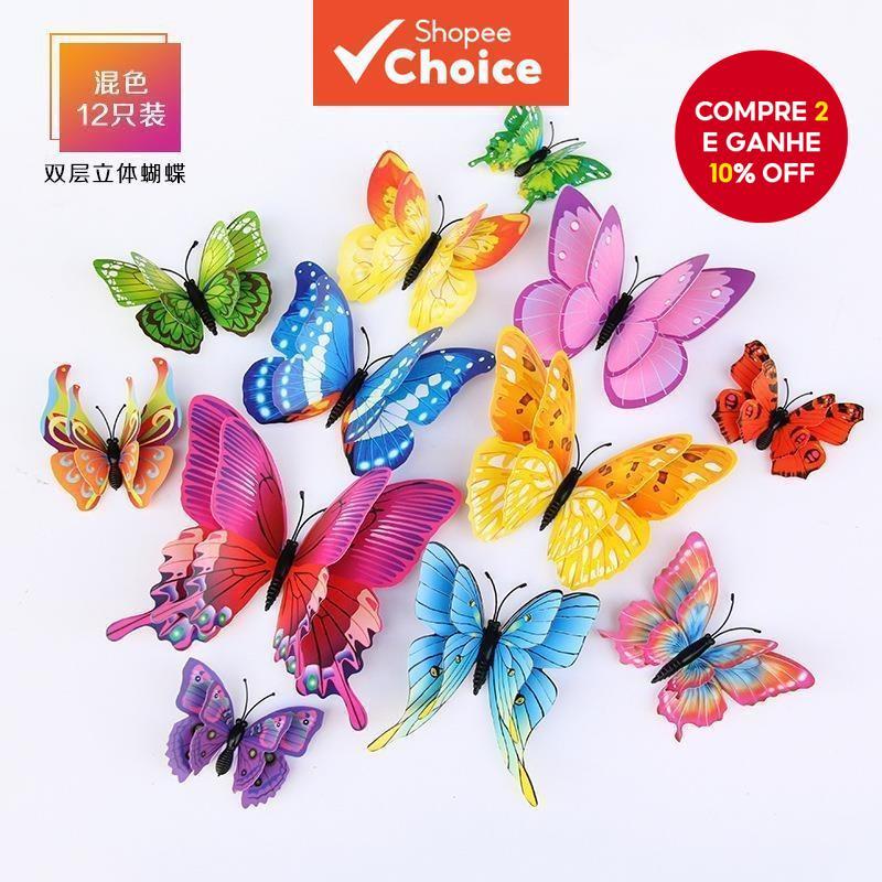 Adesivos Criativos De Geladeira Borboleta De Simulação Dupla 3D-Ímãs Autoadesivos (12 Unidades/Saco)