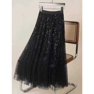 Saia midi feminina de tule com lantejoulas, perfeita para festas em Oferta na Shopee