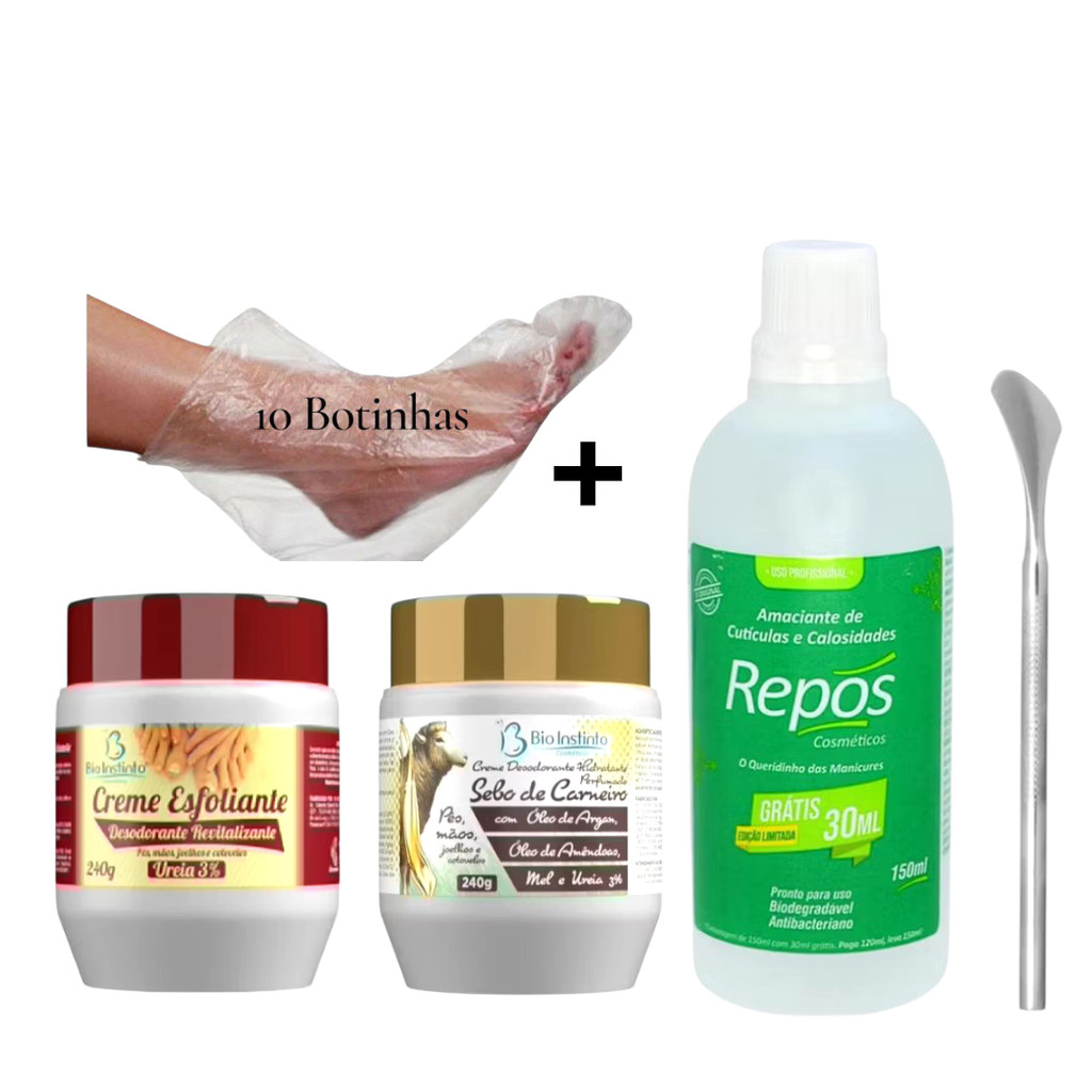 SPA Dos Pés: Rachaduras :Creme Esfoliante + Hidratante C/ Ureia Bio Instinto 240g+ Repôs 150ml + Espátula 222+10 Botas