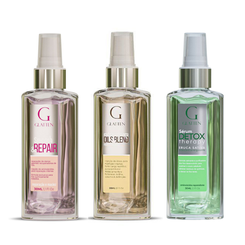 Kit 3 óleos cronograma reparação intensa Glatten detox oils blend smooth repair