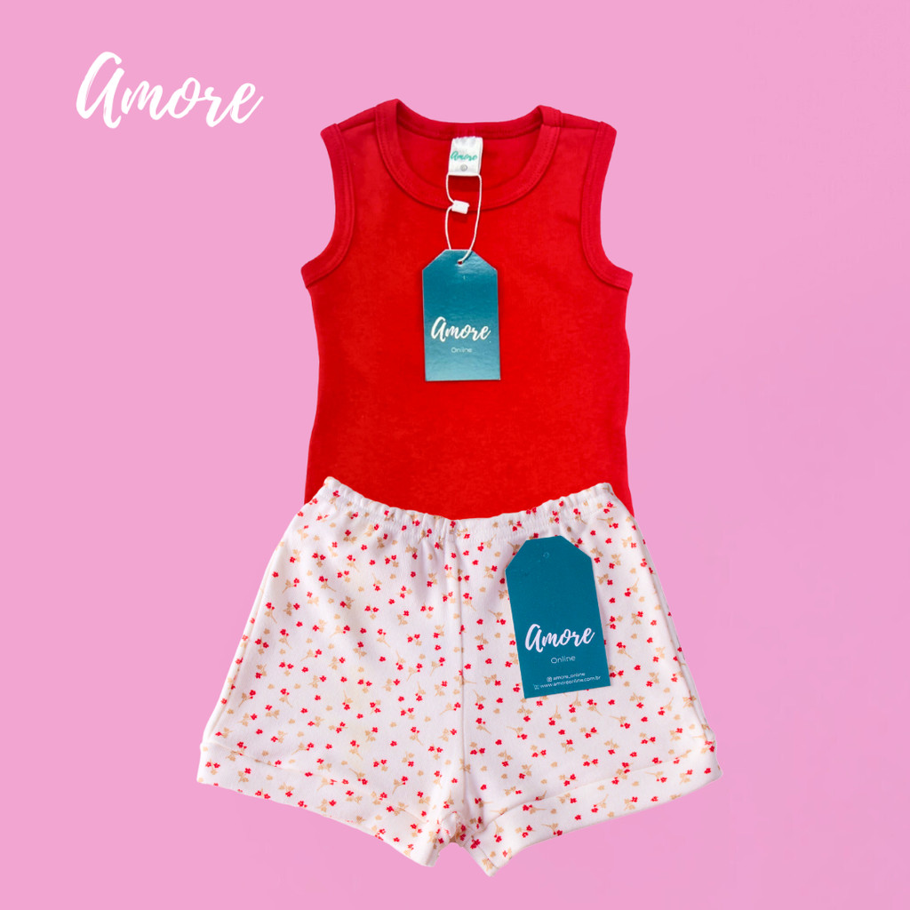 Conjunto Body Regata Amore Vermelho e Short Florzinha 100% Algodão