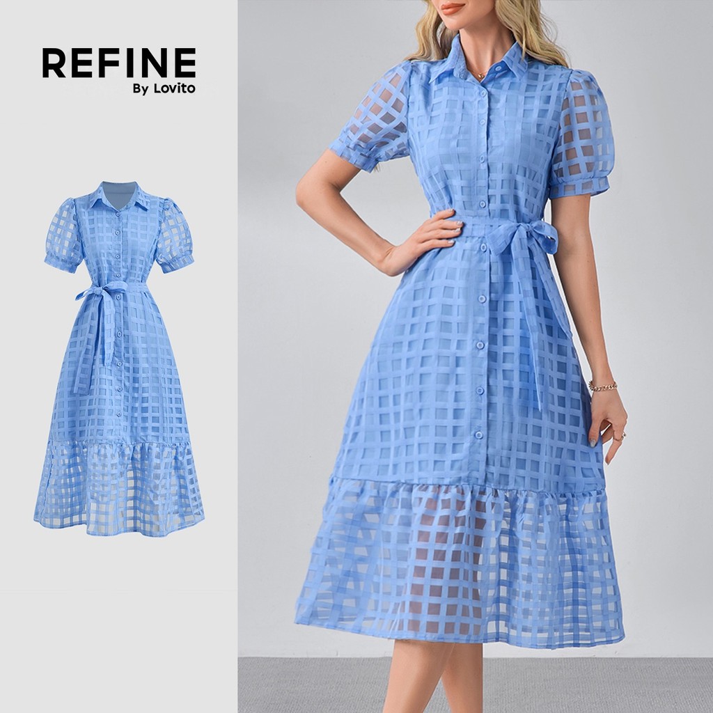 (Refine by Lovito) Babado Elegante Nacional Vestido Feminino de Botões com Cinto