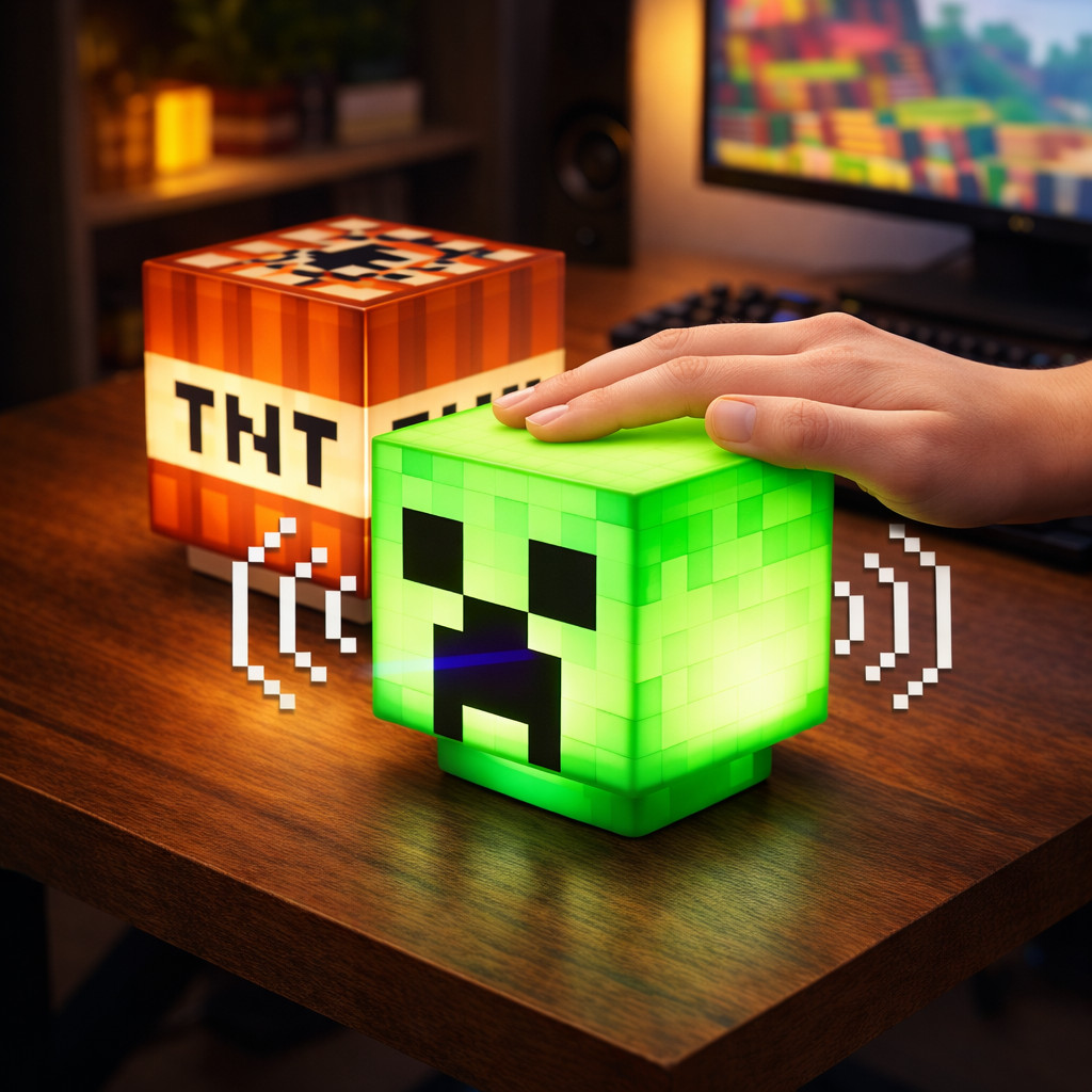 Luminária Creeper TNT Minecraft LED Noturna Toque com Som Recarregável USB Tipo C Decoração Quarto OIH-4761