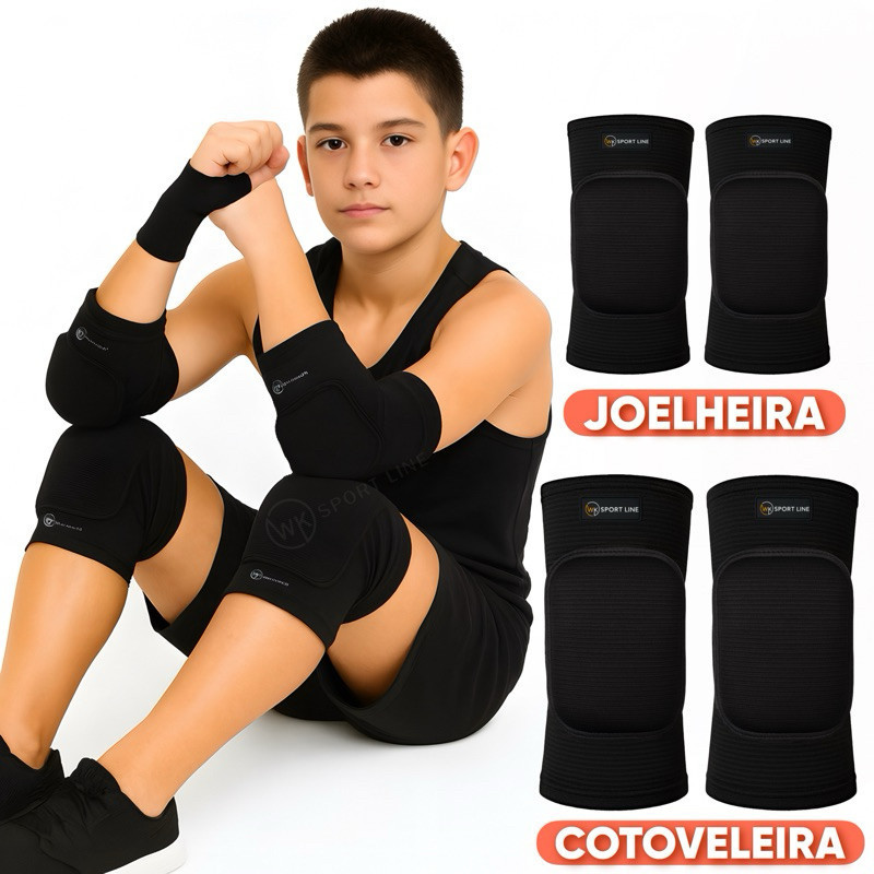 01 par Joelheira + 01 par Cotoveleira Clássica Infantil Juvenil Vôlei Goleiro Futsal
