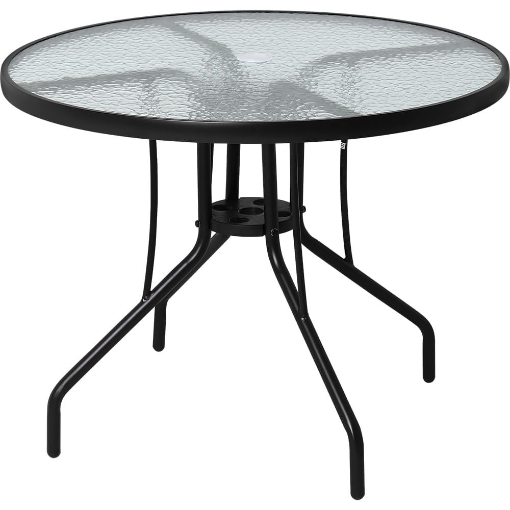 Mesa Redonda 90 X 90 cm em Alumínio com Tampo de Vidro Preta Bel