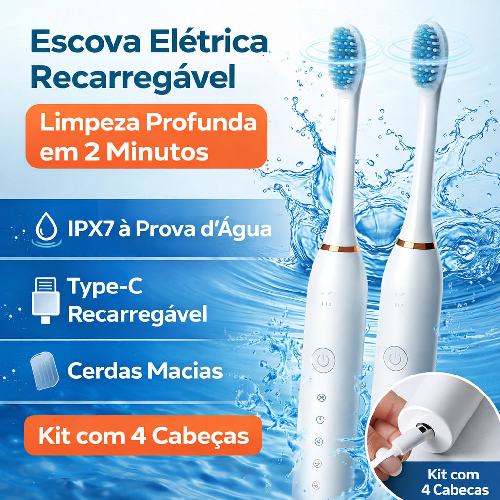 Kit 2 Escova Elétrica Recarregável Type-C | IPX7, Cerdas Macias, Limpeza Profunda para Adulto e Criança