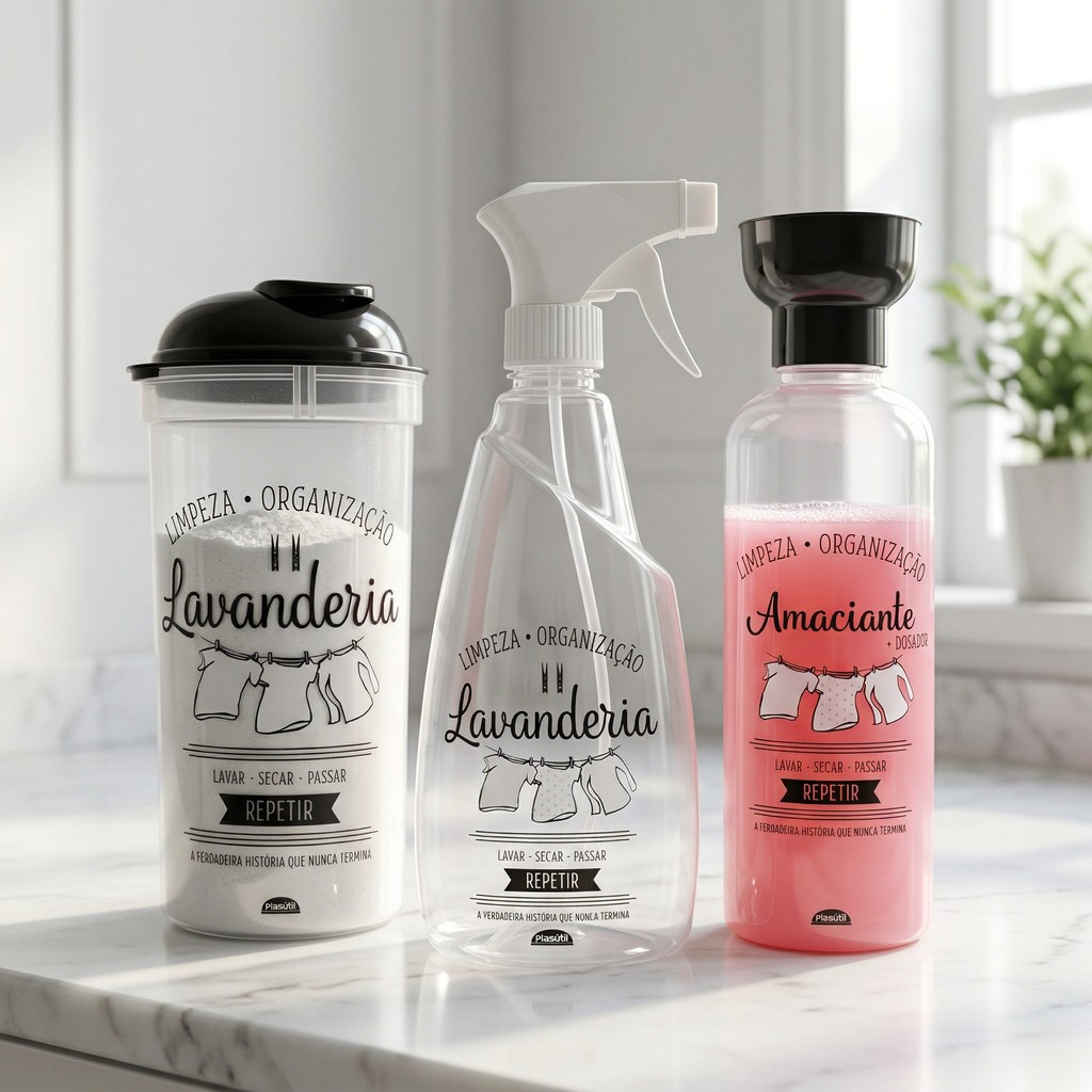 Kit Completo Porta Sabão em Pó, Spray e Porta Amaciante - Organização e Praticidade