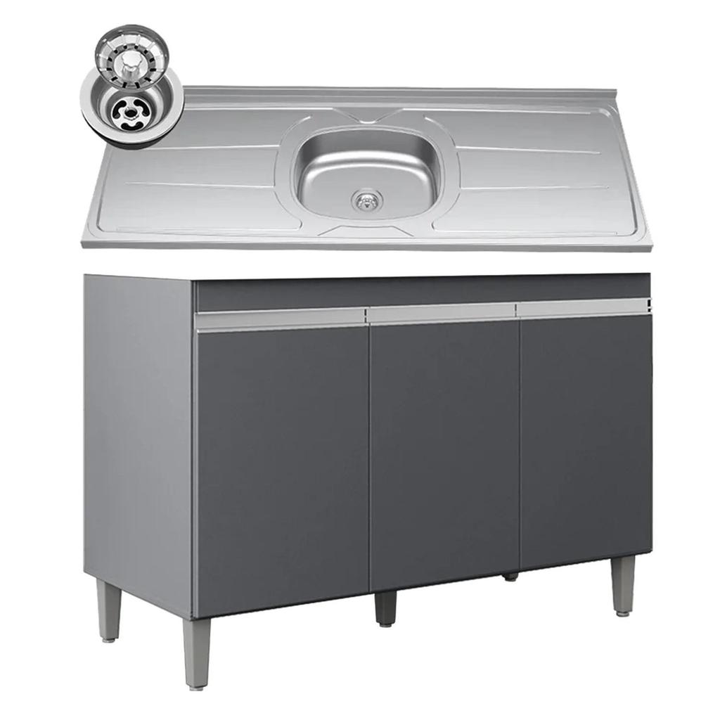 Balcão de Cozinha Com Pia Inox 120cm 3 Portas Manu Cinza - AJL Móveis