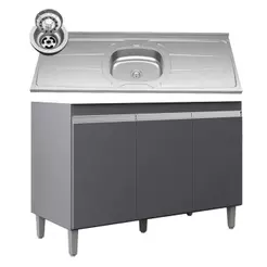 Balcão de Cozinha Com Pia Inox 120cm 3 Portas Manu Cinza - AJL Móveis