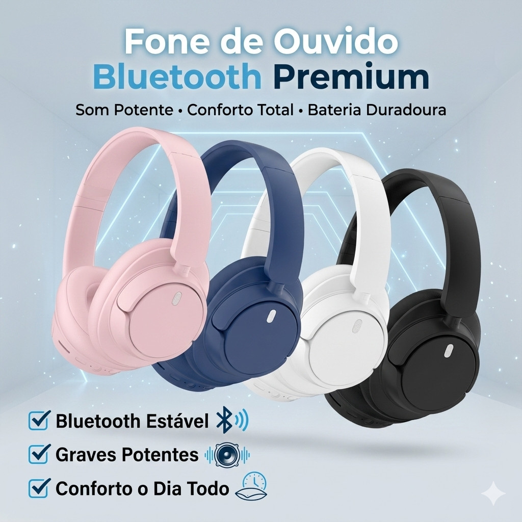 Fone de Ouvido Bluetooth Sem Fio Over-Ear Som Estéreo Potente Headphone Co Ortável Microfone