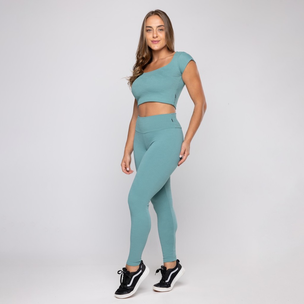 Conjunto Feminino Academia Top Fitness Camisetinha + Calça Legging Cintura Alta Poliamida Zero Transparente