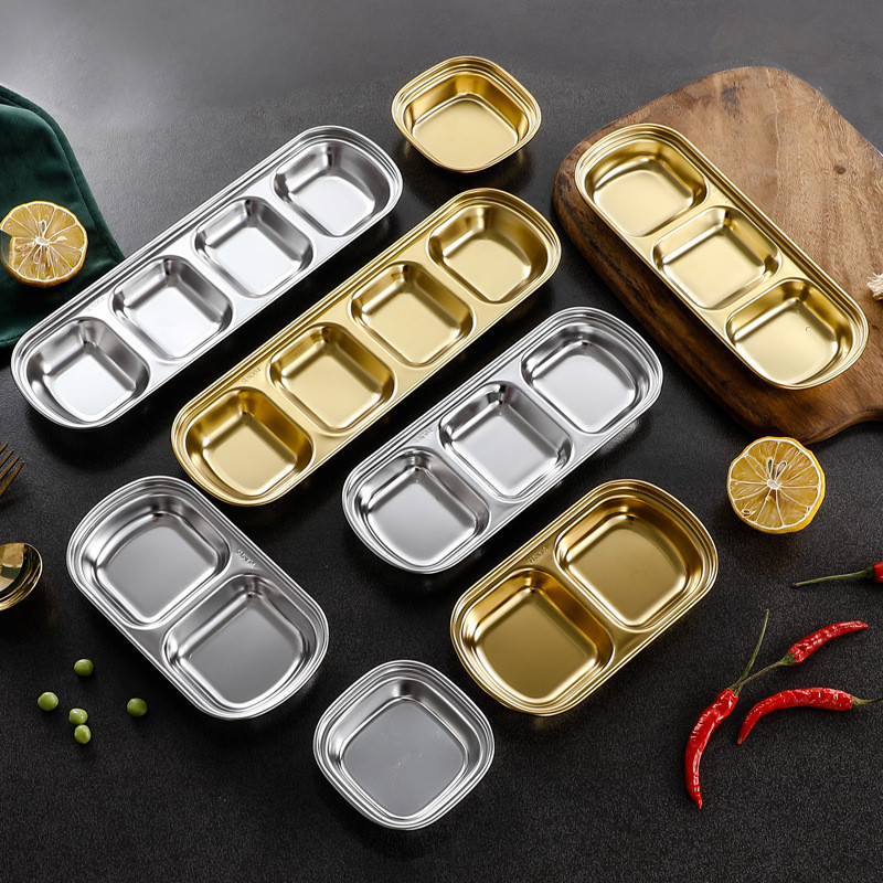 Prato de sabor coreano de aço inoxidável 304 Prato de tempero dourado Panela quente Prato de tempero Prato de molho Talh