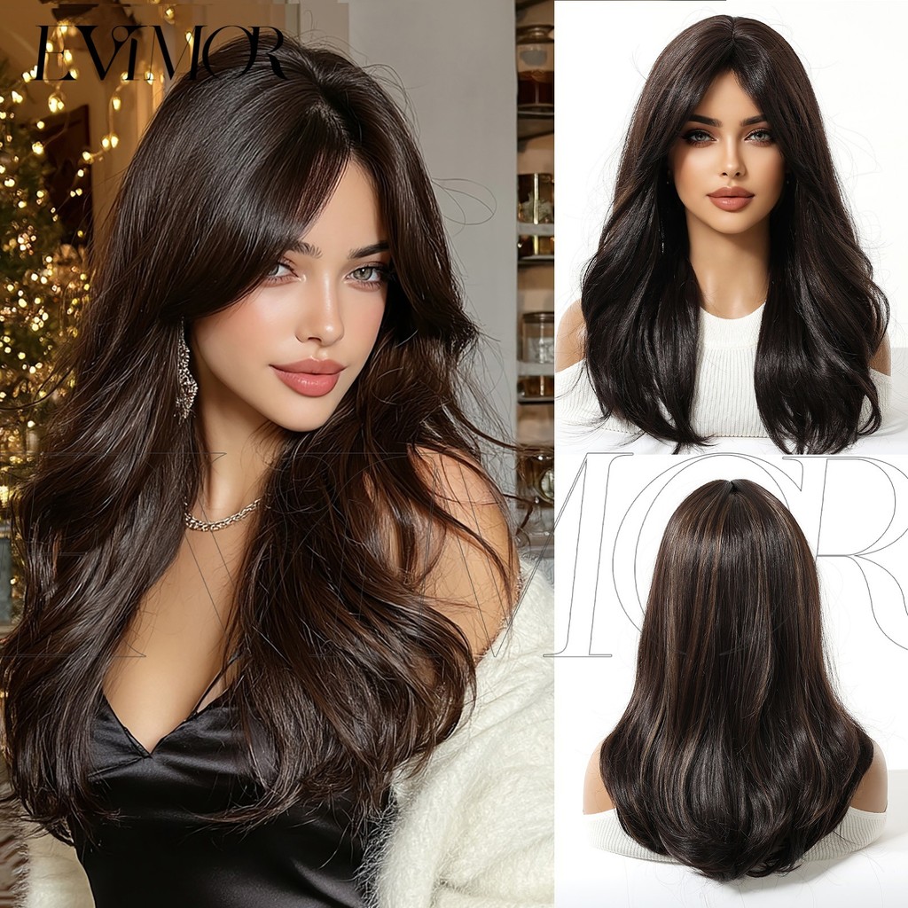 Peruca de cabelo longo encaracolado onda grande feminino arnês completo marrom escuro destaque Natural peruca fofa