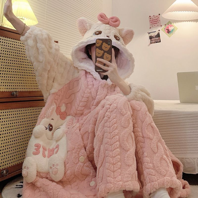 Pijama feminino de lã coral, roupão quente e espesso para outono e inverno, roupão com capuz fofo, roupa de flanela para