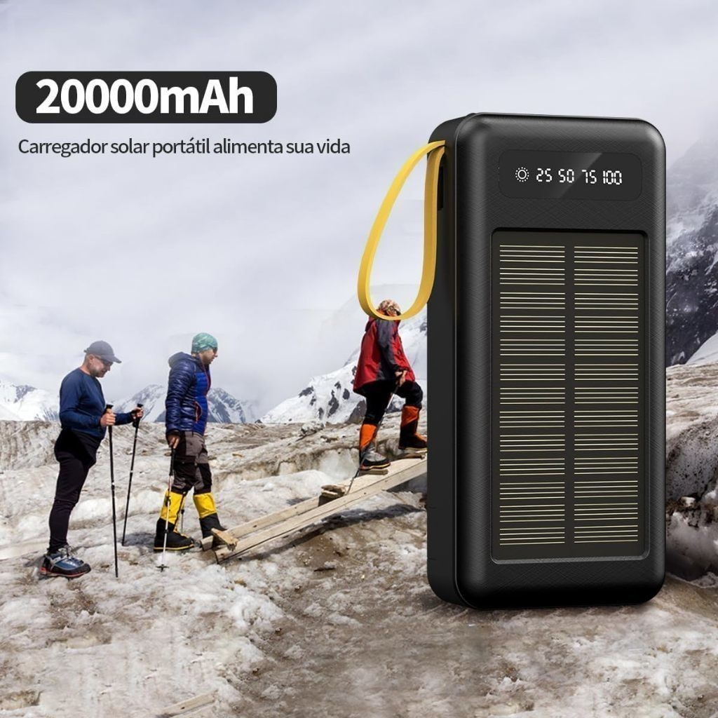 Carregador Portátil Power Bank Solar 20.000mah Com cabos 5 Em1 LED lanterna Cherry