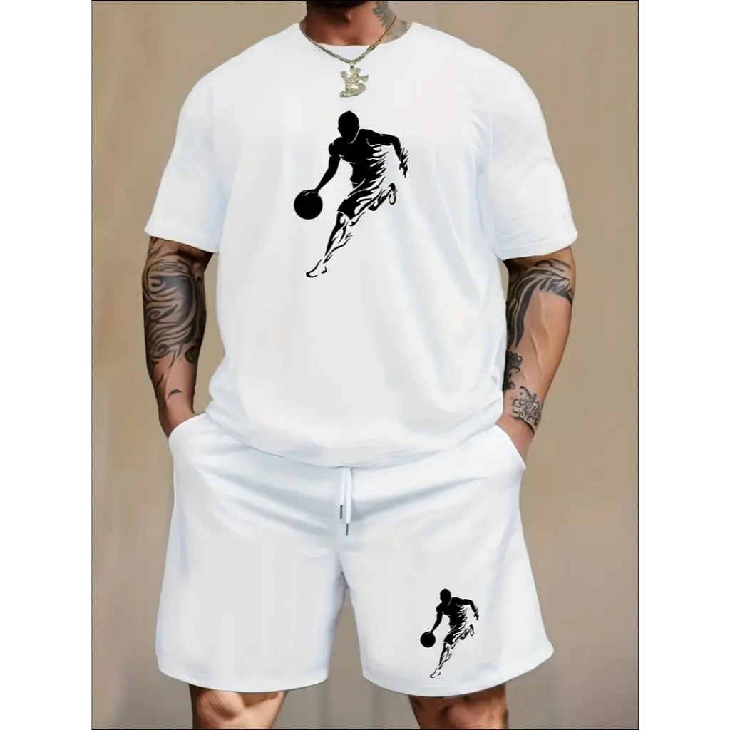 Conjunto Masculino Short Masculino Camiseta Basica Estampada Basquete Camisa Bermuda Tactel Confortavel Dia Dia Academia