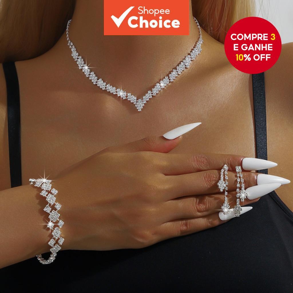 Conjunto De Joias Femininas Com Strass E Prata , Colar , Pulseira , Brincos , Festa De Noiva , Presente De Luxo em Oferta na Shopee