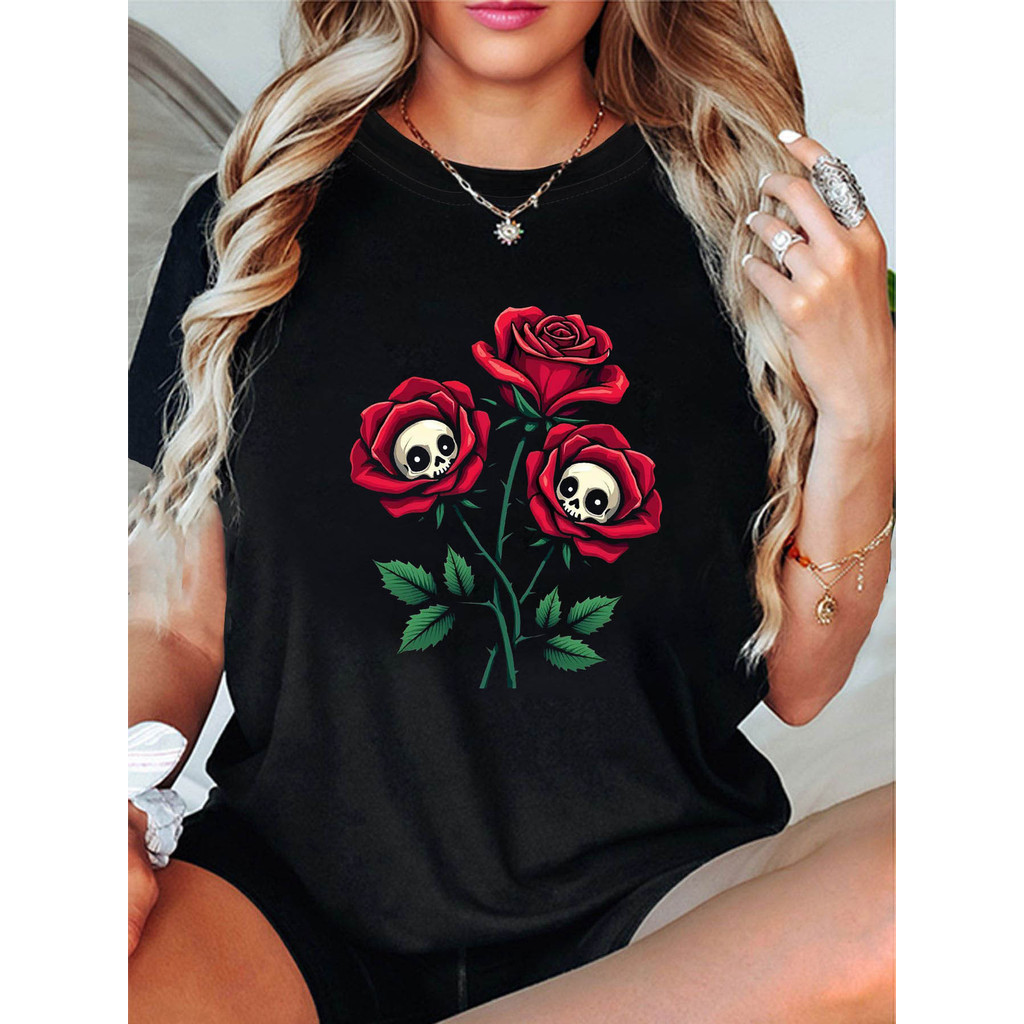 [Camiseta Premium Algodão Puro]LA Camiseta Feminina Gótico Caveira Rosa Halloween Preto Estampada Confortável Estilosa M