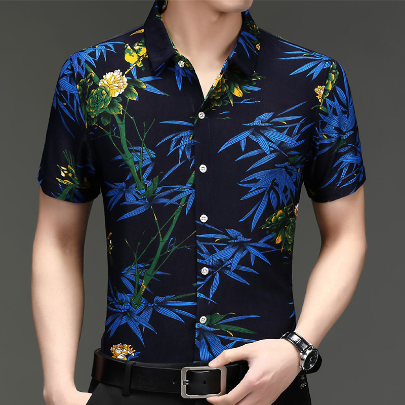 2025 verão camisa de manga curta masculina não-ferro Floral camisa masculina solta impressa meia manga camisa legal