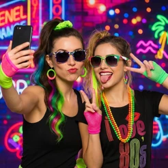Kit de 5 Peças para Festa Retrô: Peruca,Colar,Luva e Brincos-Acessórios Disco Anos 80 com Temática Neon