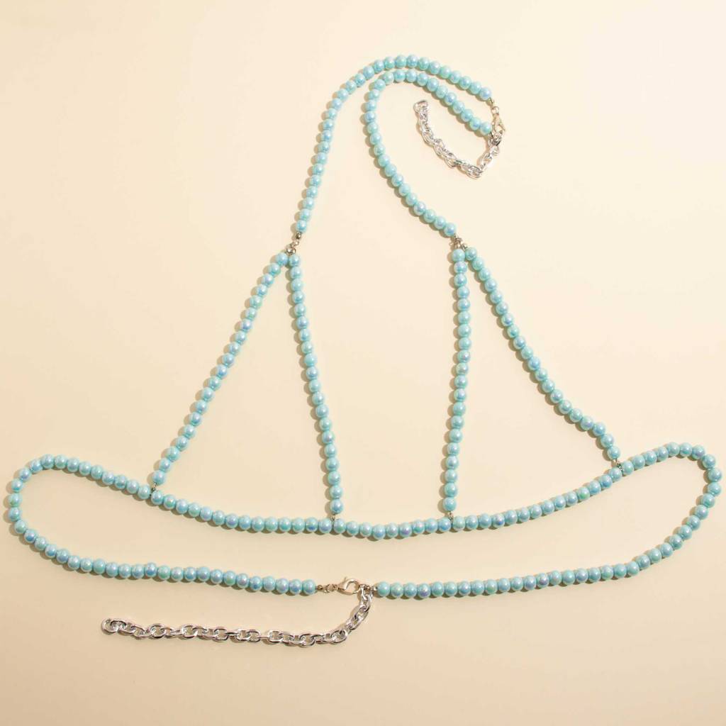 Body Chain Carnaval Com Pérolas Azul Claro  -