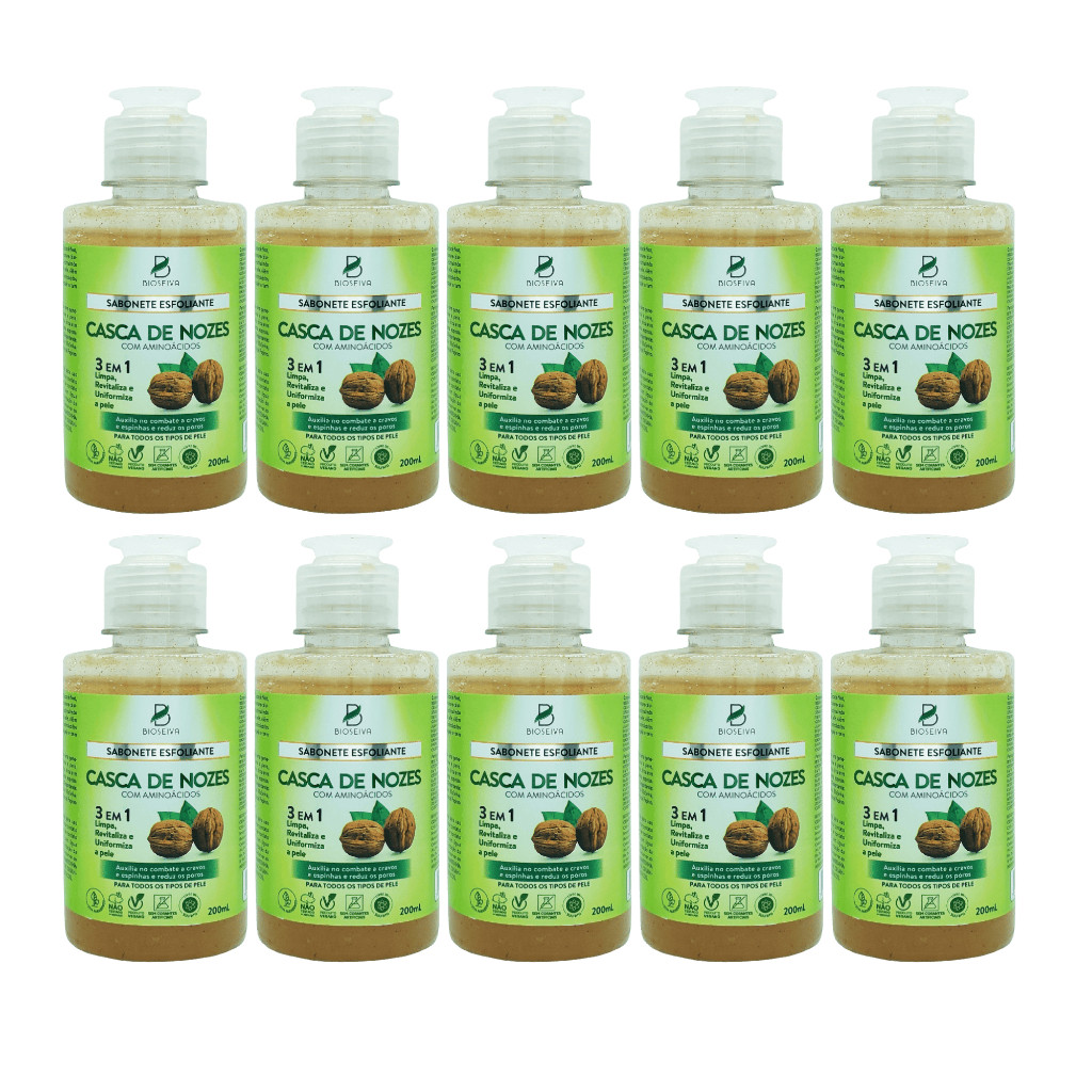Kit com 10 Sabonetes Esfoliantes Faciais Casca de Nozes 200mL | Limpeza, Poros e Oleosidade BioSeiva