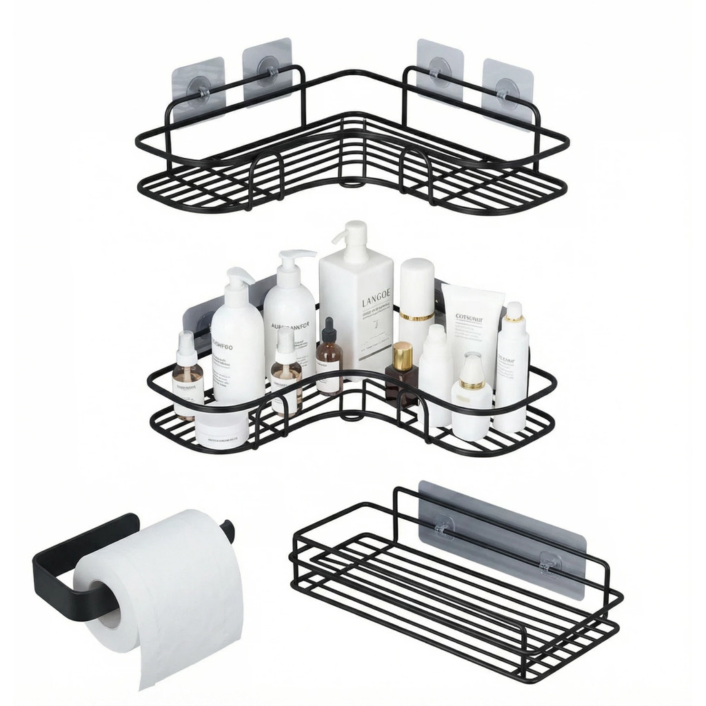 4/3/2/1 Prateleiras Suportes De Banheiro Para Parede Cozinha Com Alto Adesivos Porta Shampoo Rack em Oferta na Shopee