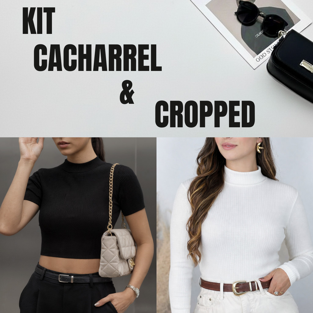 Kit Cacharrel Lisa Segunda Pele Gola Alta Manga Longa Blusinha Gringa + Cropped Canelada Manga Curta Feminina Gola Alta