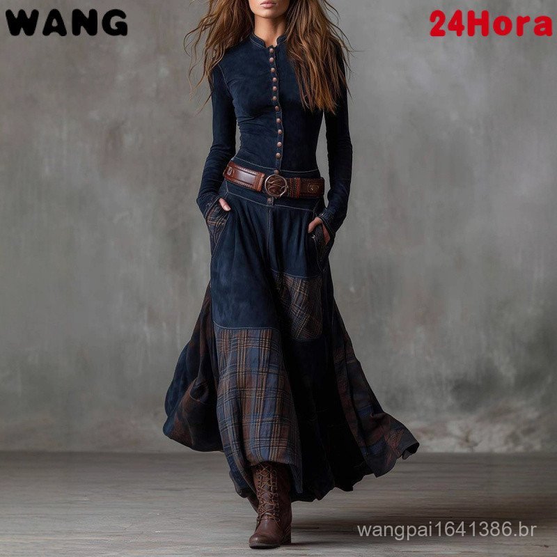 Vestido Longo Vintage de Camurça com Patches Xadrez para Mulheres