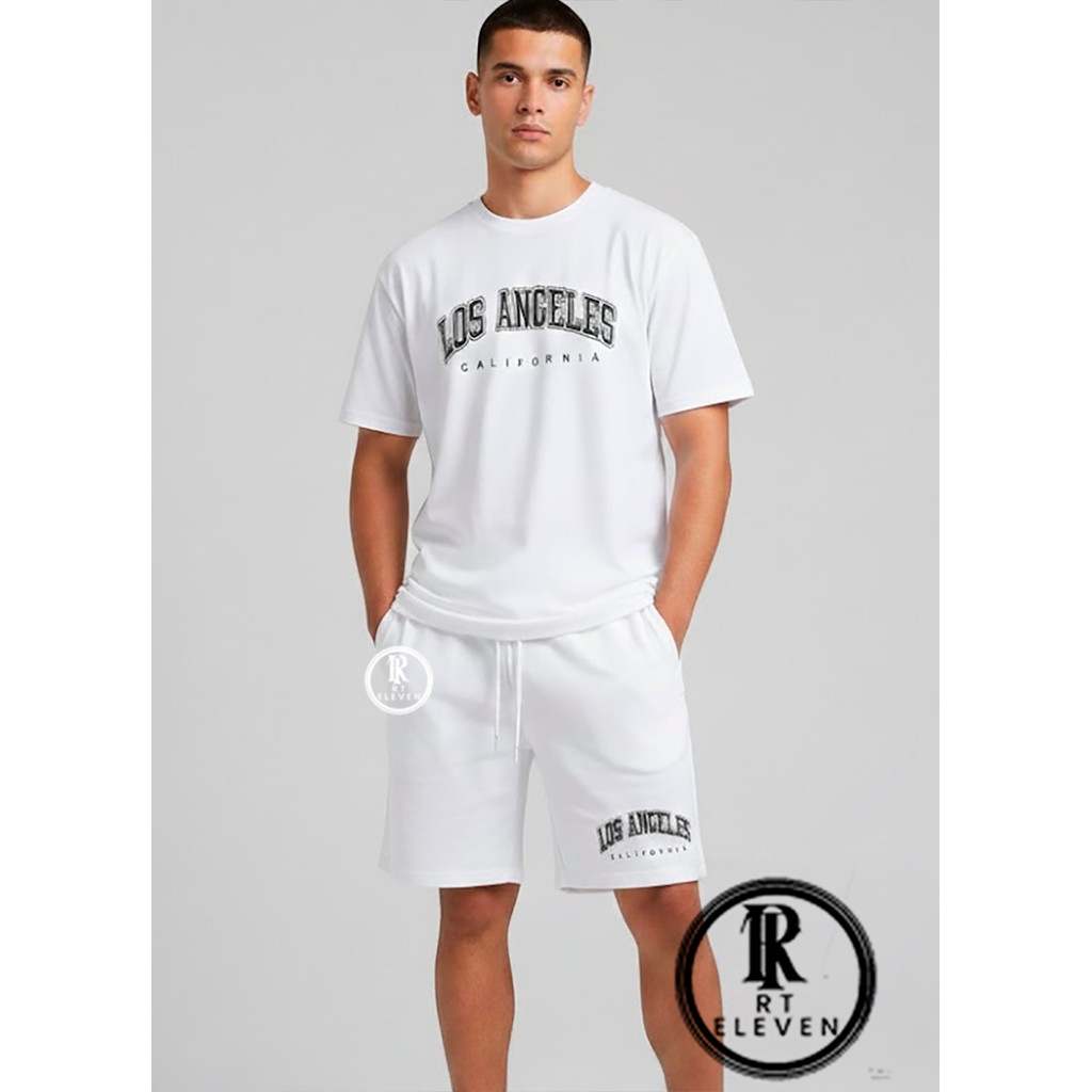 kit Conjunto Masculino Camiseta Malha Algodão Premium E Bermuda Moletom Los Angeles Kit 2 peças Camiseta + Short RT