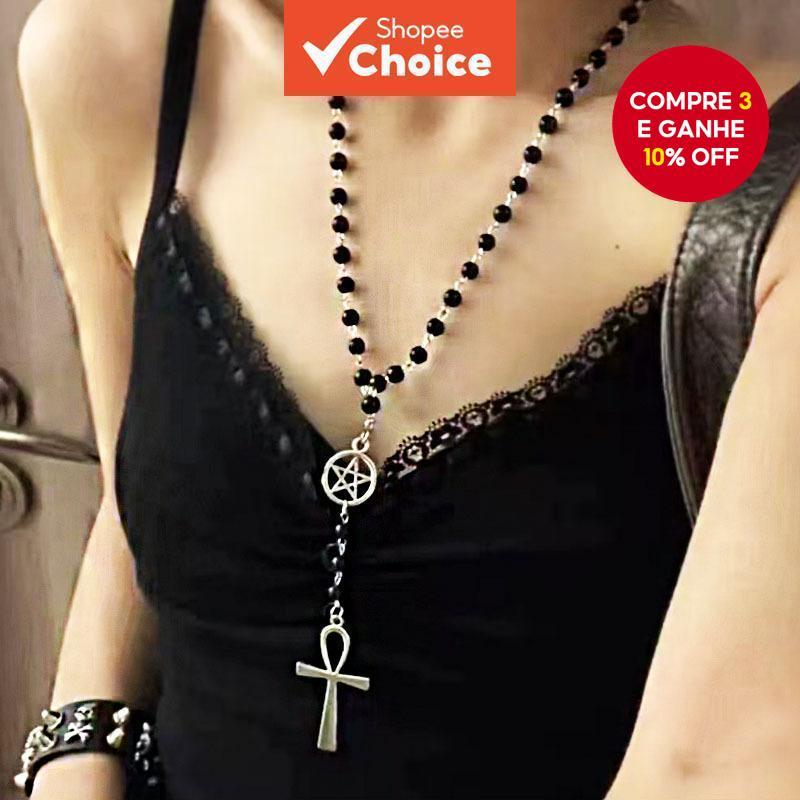 Colar Cruz Preto e Branco Brilhante para Mulheres, Cadeia Longa para Camadas, Joia de Outono Inverno, Presente. em Oferta na Shopee