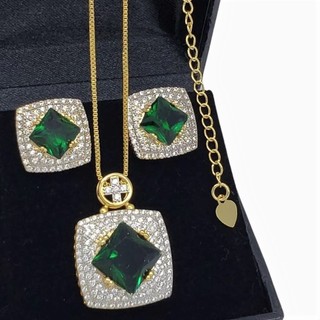 Conjunto Colar E Brincos Verde Esmeralda Zircônias Banho De Ouro 18k 4631