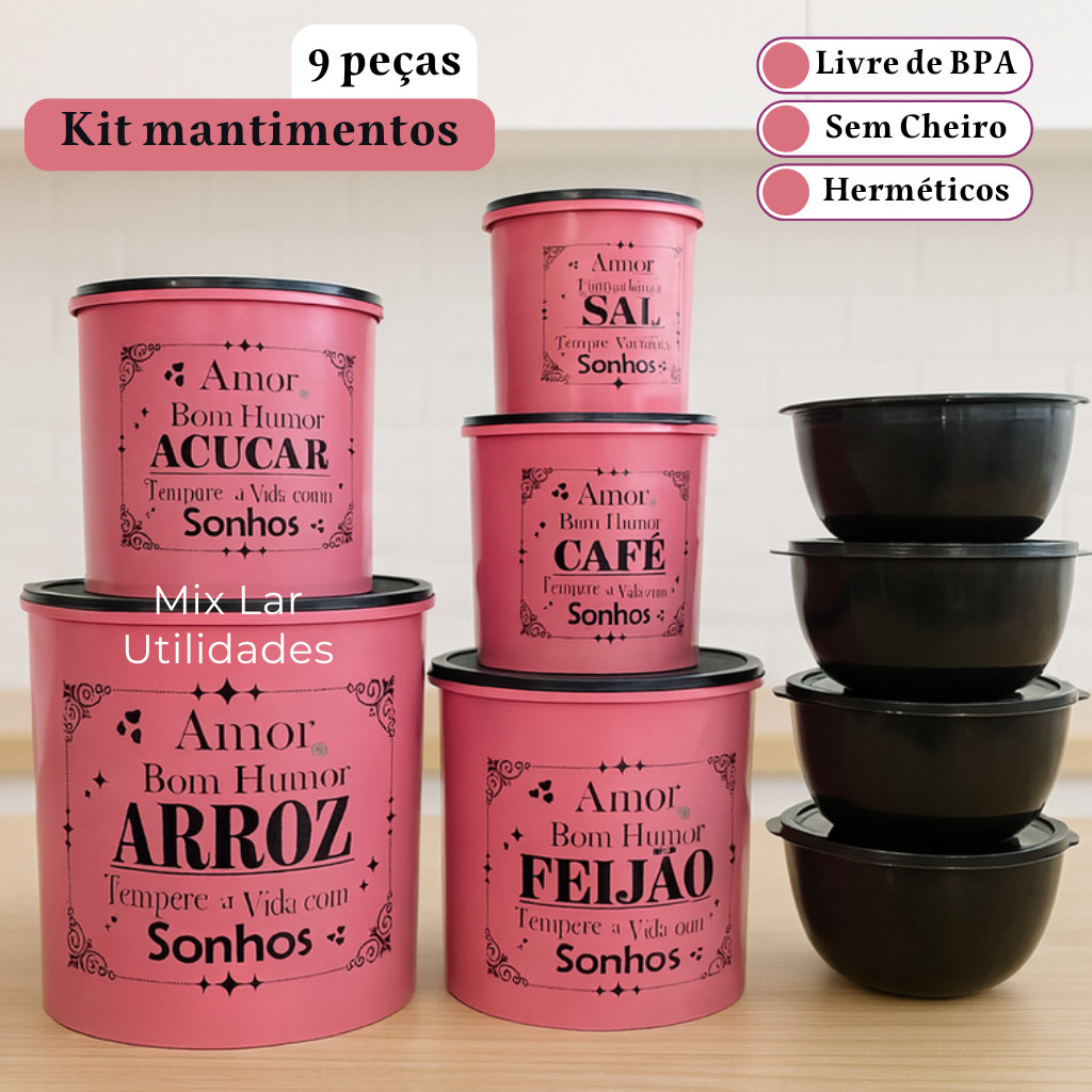 Kit potes de Mantimentos para cozinha 9 Peças em Plástico Decorado