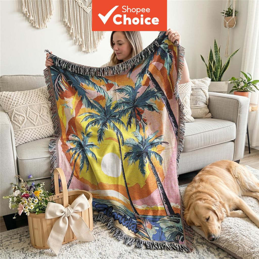 Manta de Fio com Padrão de Palmeira, Tecida (Não Estampada), Decoração para Casa. Manta Decorativa para Sofá, Cama,