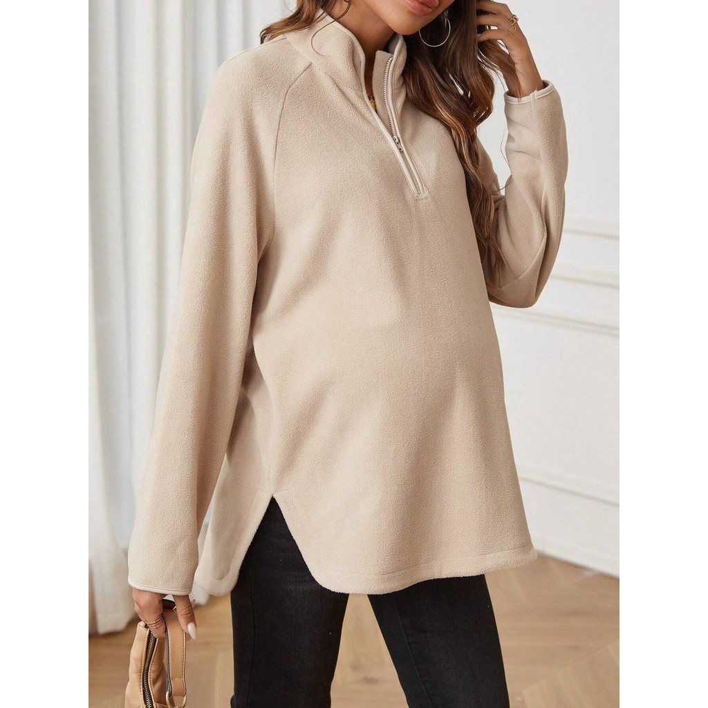 Nova moda de outono e inverno para gestantes: camiseta feminina de cor sólida, com zíper, solta e de manga longa.