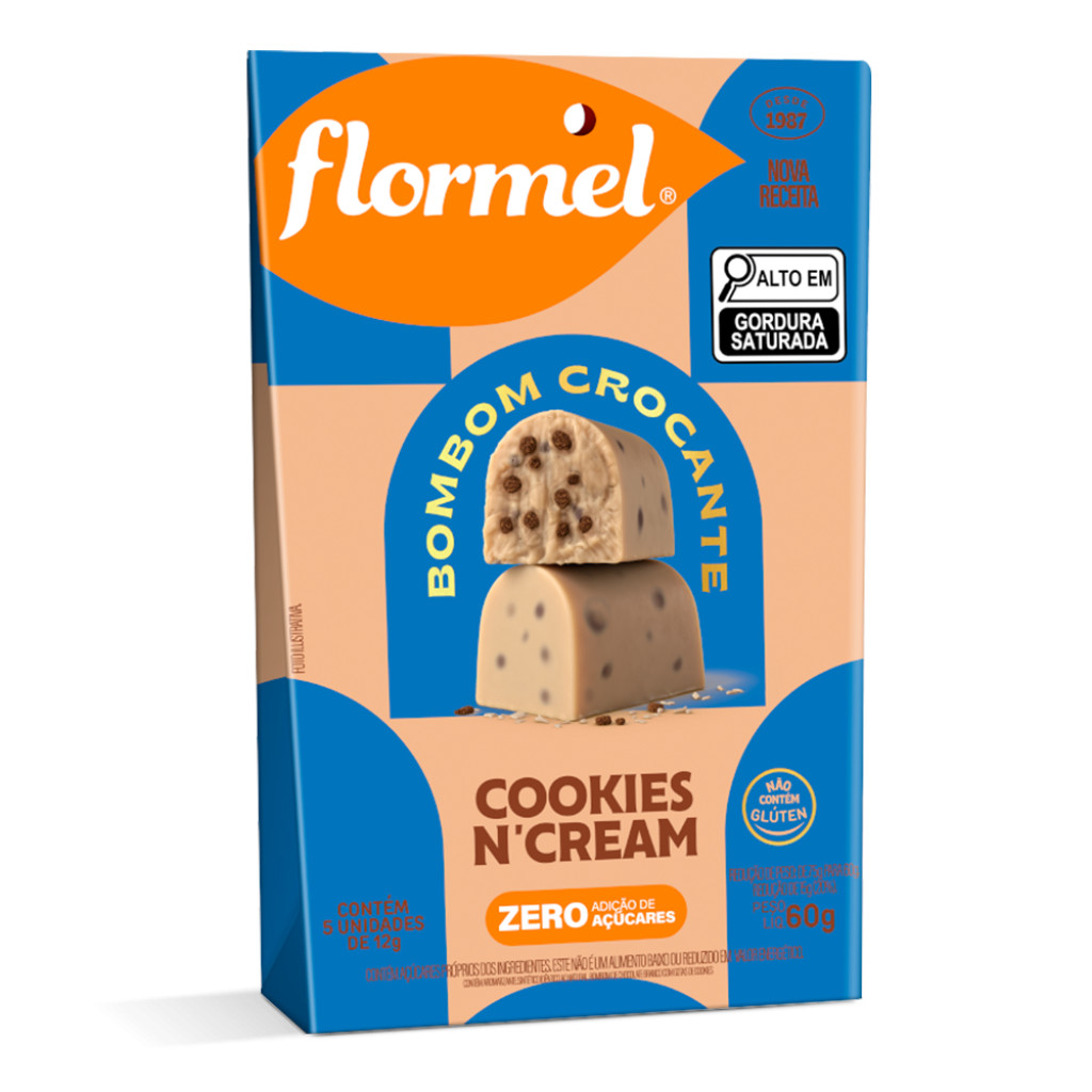 Bombom de Chocolate Branco, Recheado com Gotas de Cookie de Chocolate , Zero Açúcar - Pouch com 60g.