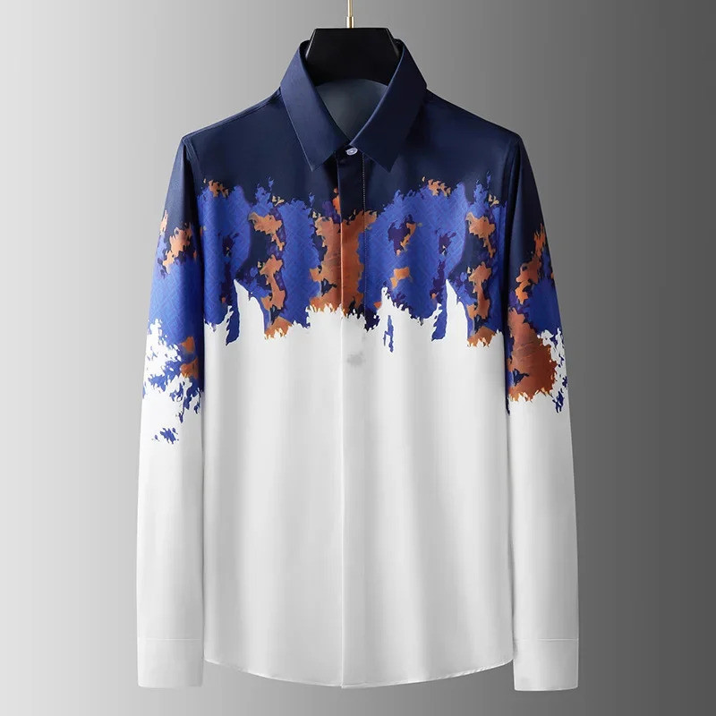 Moda Masculina Camisas De Manga Longa Simples Padrão De Emenda 3D Impresso Roupas Masculinas Botão Camisa Outono Casual 