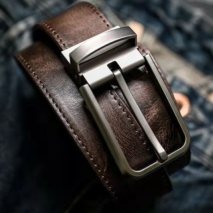 Cinto de couro masculino feito à mão de primeira camada retrô vegetal curtido fivela de pino macacão masculino couro gen