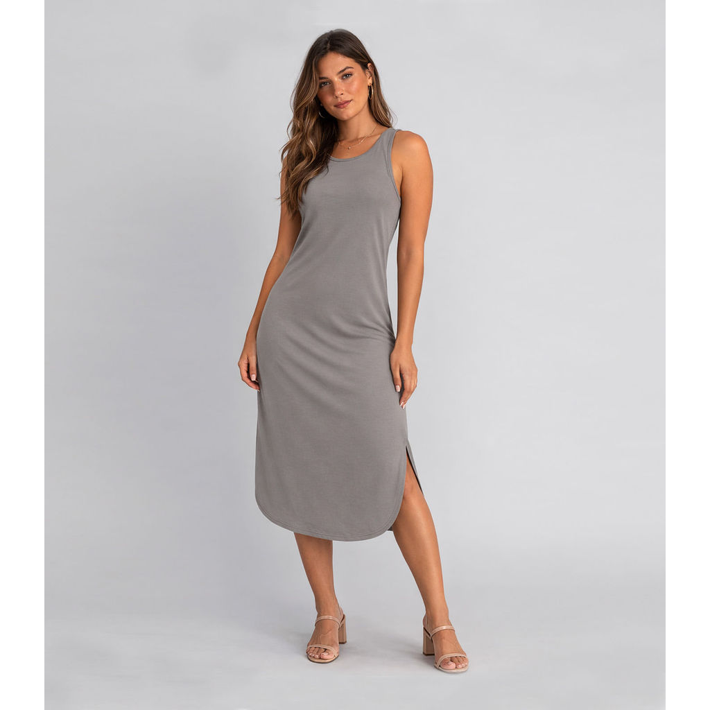 Vestido Feminino Regata Midi Com Fenda Good Bless Cinza em Oferta na Shopee